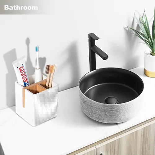 Miniatura 7 de rejomiik Portacepillos de dientes para encimeras de baño, 3 ranuras para cepillado eléctrico de dientes y almacenamiento de pasta dental, soporte