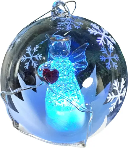 Ángel con corazón rojo Adornos de bola de Navidad iluminados - Copos de nieve con purpurina pintados a mano - Luces que cambian de color -