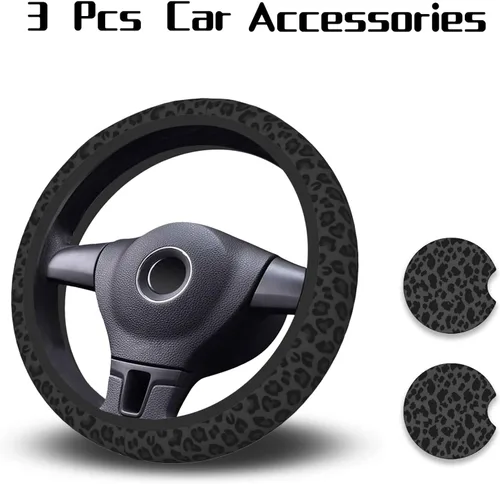 Miniatura 2 de KARREAL Funda de volante con estampado de leopardo negro y 2 piezas de posavasos para automóvil, material de goma de neopreno, accesorios