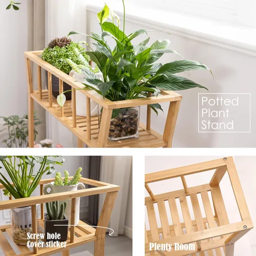 Miniatura 3 de Nnewvante Soporte de bambú para plantas de interior de 37.4 x 11 pulgadas, 2 niveles de alto, estante organizador de macetas, mesa de entrada