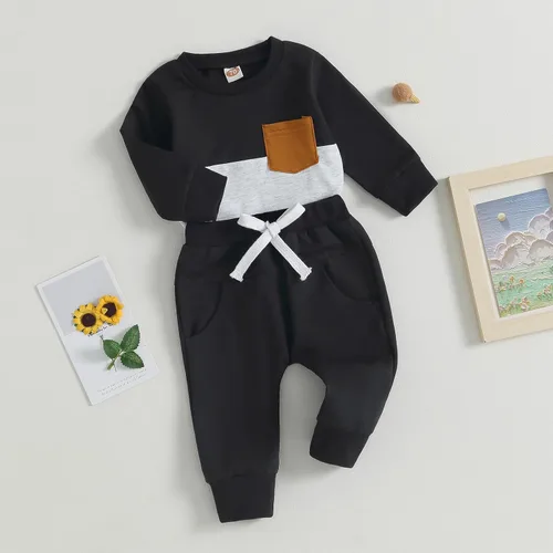 Miniatura 123 de Conjunto de ropa de otoño e invierno para bebé niño pequeño, sudadera de manga larga con colores contrastantes, pantalones elásticos para recién