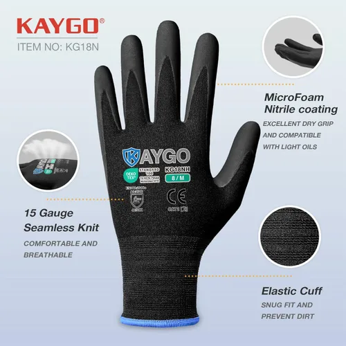 Miniatura 2 de KAYGO KG18NB - Guantes de seguridad para trabajo con revestimiento de nitrilo de microespuma, 3 pares de guantes de nailon de punto sin costuras