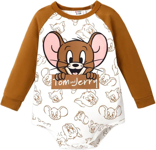 PATPAT Tom and Jerry - Mameluco de manga larga con estampado de personajes o pantalones lisos, 0-18 meses