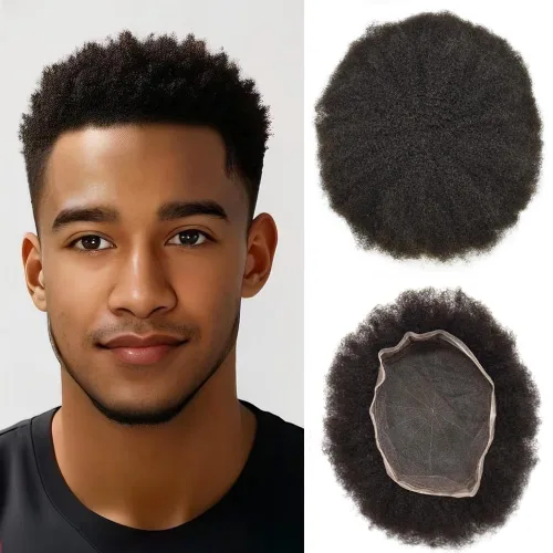 Miniatura 8 de Afro Toupee Full French Lace Man Weave Unidad de cabello 100% virgen humano rizado rizado unidades de repuesto para hombres negros, 8 x 10 pulgadas