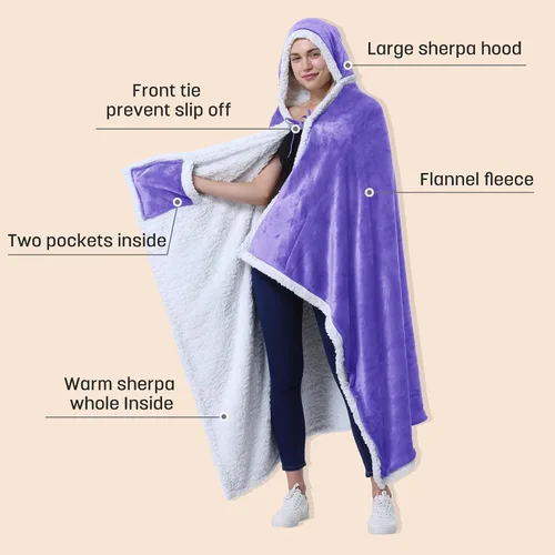 Miniatura 2 de Catalonia Poncho con capucha, Manta para vestir con bolsillos para las manos, Capa Cómoda de forro polar Sherpa para niños y adultos, Regalo