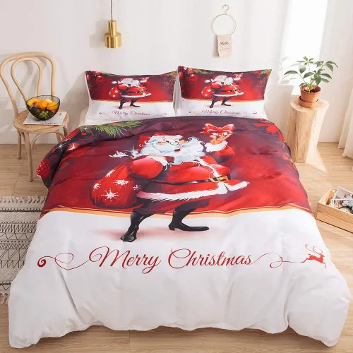 Miniatura 10 de Juego de ropa de cama de Navidad con funda de edredón de copos de nieve, color blanco y rojo, con estampado navideño, juego de ropa de cama festiva