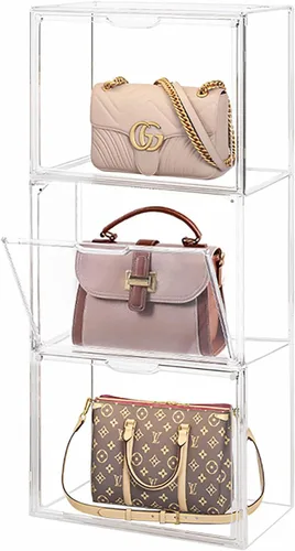 WMM Organizador de almacenamiento para armario, 3 paquetes de plástico acrílico transparente, bolsos, zapatos, figura de libro, estuche de