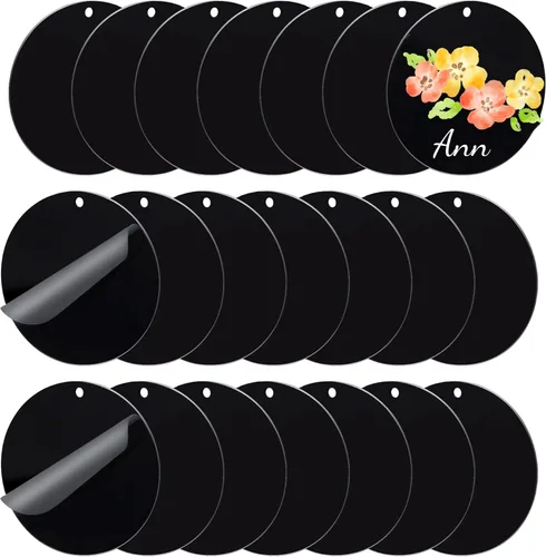 20 llaveros acrílicos negros en blanco, adornos de 2 pulgadas a granel con agujero, 1/8 pulgadas de grosor para grabado de vinilo, etiquetas de
