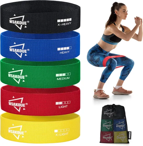 Miniatura 8 de WSAKOUE Bandas de Resistencia de Tela para Entrenamiento – 5 Bandas de Glúteos para Mujeres y Hombres, Bandas de Ejercicio para Piernas, Caderas