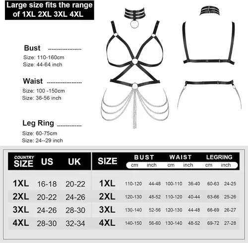 Miniatura 4 de Arnés de cuerpo de talla grande para mujer y niña, cadena de metal hueca completa, brasier de jaula, medias de liga, ropa gótica rave