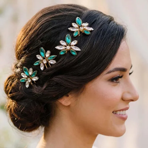 Miniatura 8 de Yokawe Horquillas para el pelo de boda con diamantes de imitación, horquilla de novia con purpurina de cristal verde, elegante tocado formal
