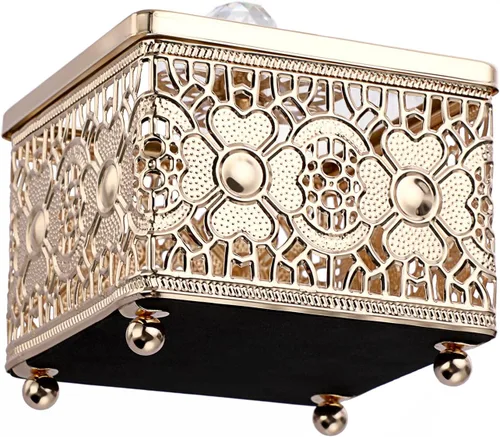 Miniatura 6 de Hipiwe Caja de Joyería de Metal Tallada con Tapa de Vidrio, Organizador Cuadrado de Baratijas con Espejo Dorado, Cofre del Tesoro para Anillos