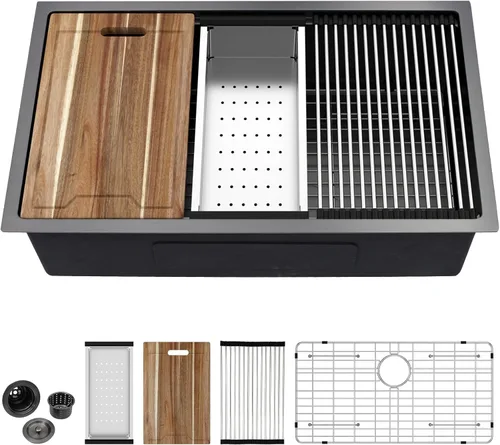Miniatura 39 de Kichae fregadero de cocina bajo encimera de 32 pulgadas, de un solo tazón, de acero inoxidable, calibre 16, de esquina redonda, hecho a mano