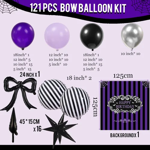 Miniatura 4 de Kit de guirnalda de arco de globos morados y negros con globos de Mylar de estrella de arco y telón de fondo gótico de cumpleaños globos de rayas