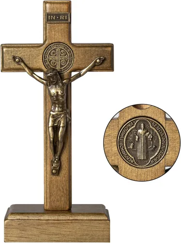 Miniatura 11 de KUXBET Crucifijo de Pie Cruz con Soporte Desmontable de 10.6 Pulgadas Cruz de Madera Católica de Jesucristo para Colgar en la Pared para Decoración