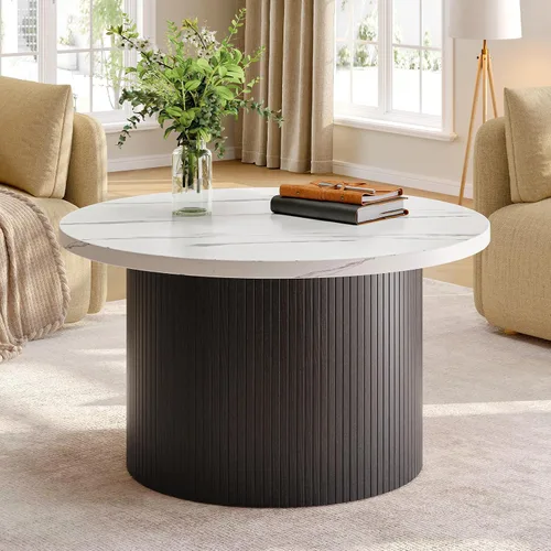Miniatura 9 de ONBRILL Mesa de centro redonda de 31.5 pulgadas, mesas de centro con diseño de tambor para sala de estar, mesa de centro de madera moderna de Negro
