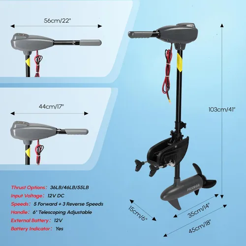 Miniatura 6 de PEXMOR Motor de arrastre eléctrico de 8 velocidades, motor eléctrico fuera de borda para barco con mango ajustable e indicador LED, montado