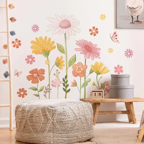 Miniatura 6 de Calcomanías de pared de flores bohemias, calcomanías de pared de margaritas y mariposas, PVC impermeable, autoadhesivas, arte floral, retro, se