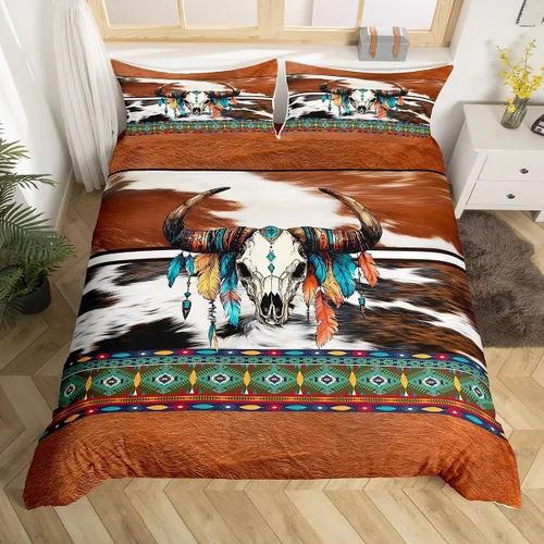 Miniatura 29 de Erosebridal Funda de edredón de piel de vaca marrón con estampado de vaca de las tierras altas, juego de ropa de cama occidental exótico azteca