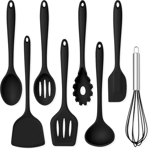 Miniatura 8 de TeamFar Juego de utensilios de cocina de silicona, 8 piezas, resistente al calor de 446 °F, espátula, cuchara, batidor, utensilios de cocina Blanco