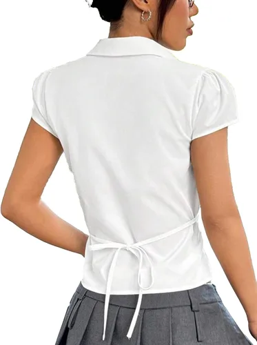 Miniatura 2 de SUNNOW Blusa plisada de manga corta con botones en el pecho para mujer, blusa casual