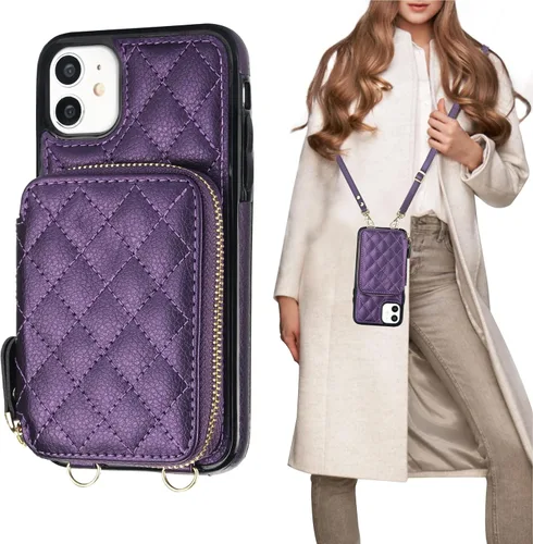 Miniatura 12 de Bocasal Funda tipo cartera cruzada para iPhone 11, con bloqueo RFID, de piel sintética, con cremallera, funda tipo cartera con función atril y Negro