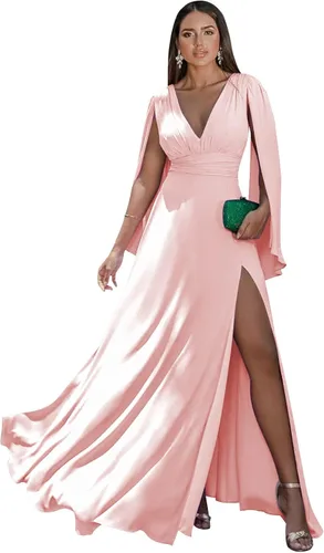Miniatura 25 de Women's Long Sleeve Bridesmaid Dresses V-Neck Chiffon Ruched Formal Dress Evening Gown with Slit
