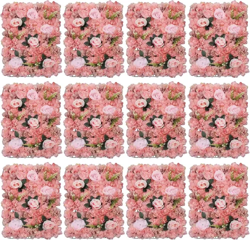 Miniatura 23 de Paneles de pared de flores 3D, 12 paneles de pared de flores artificiales, rosas de seda, fondo de pared de flores sintéticas decorativas