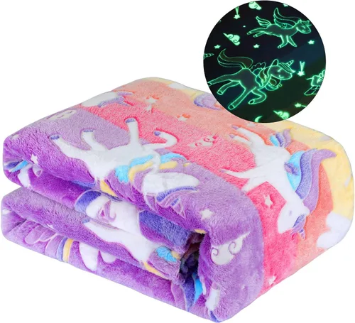 Manta que brilla en la oscuridad, regalos de unicornios para niñas, regalo de cumpleaños, Halloween, súper linda, suave, acogedora, arcoíris,