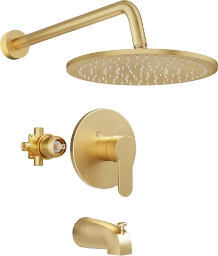 Miniatura 10 de Grifo de ducha de bañera, juego de grifo de ducha dorado cepillado con cabezal de ducha de lluvia de metal de 6 pulgadas y boquilla de bañera, kit