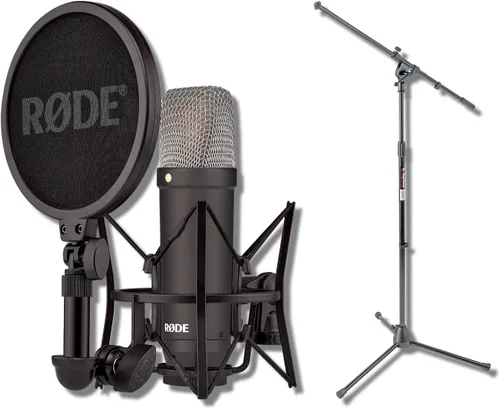 Rode NT1 Signature - Paquete de micrófono condensador de diafragma grande negro con soporte de trípode MS7701B Euro Boom - Micrófono de estudio XLR