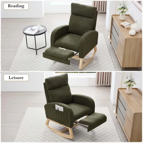 Miniatura 5 de Mecedora de lactancia de 40 pulgadas, sillas de guardería con reposapiés ajustable, respaldo alto, sillón tapizado con bolsillos laterales, mecedora