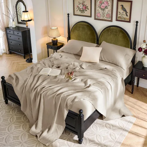 SONORO KATE Sábanas de cama de lino francés 100% puro, tamaño Queen, sábanas de cama de lino transpirables y duraderas, antidesgarro, lavables a