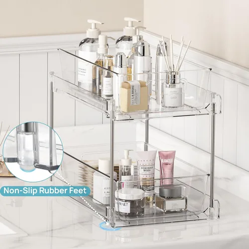 Miniatura 5 de Vtopmart - Organizadores de baño de 2 niveles, 2 piezas, transparentes, bajo el fregadero, almacenamiento para tocador o encimera, cajones