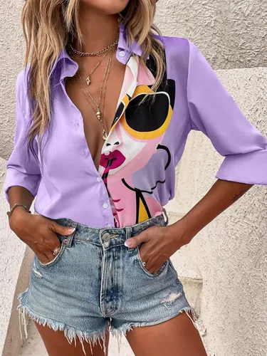 Miniatura 3 de SHENHE Camisa de manga larga con cuello para mujer, con estampado de figuras coloridas