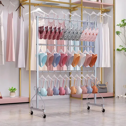 Miniatura 12 de Soporte de exhibición de ropa interior de pie con ruedas, tienda al por menor moderna de 3 niveles, soporte de sujetador de doble cara, pantalones
