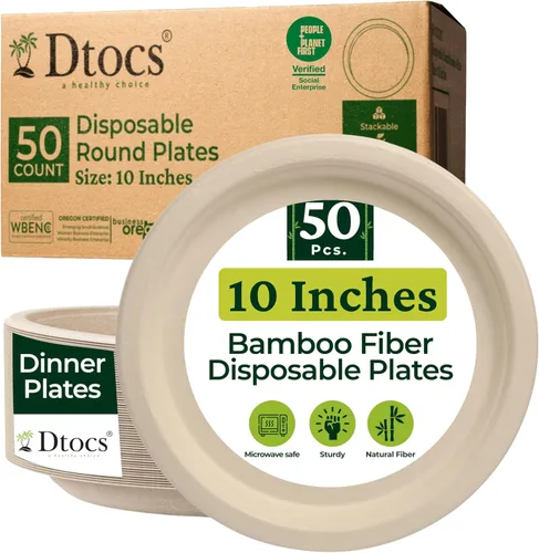Dtocs Platos de fibra de bambú redondos de 10 pulgadas (50 piezas) | Juego de vajilla desechable de platos de bambú para fiestas, cenas, barbacoas,
