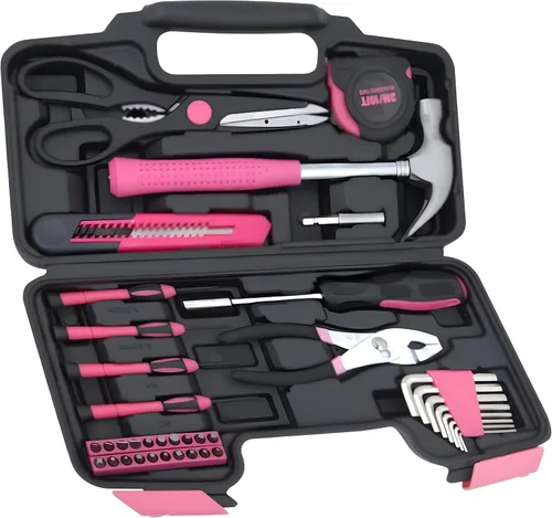 Kit de Herramientas para el Hogar de 39 Piezas - Juego de Reparación Portátil y Esencial Ideal para Mujeres, Estudiantes Universitarios, Uso Rosa