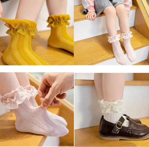 Miniatura 4 de 5 pares de calcetines de algodón con volantes de encaje para niñas y niños pequeños