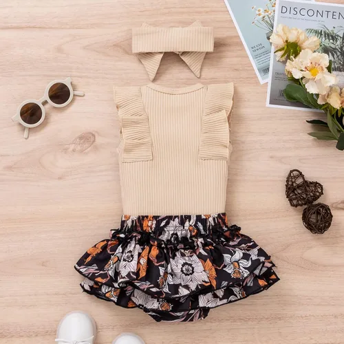 Miniatura 3 de Conjunto de ropa de verano para bebés recién nacidos, manga con volantes, camiseta con tirantes florales y pantalones cortos con diadema
