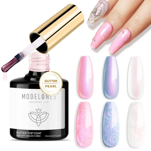 Miniatura 26 de Modelones Esmalte de uñas en gel con purpurina, acabado brillante ultra fino blanco con aurora, purpurina transparente, acabado brillante con A1