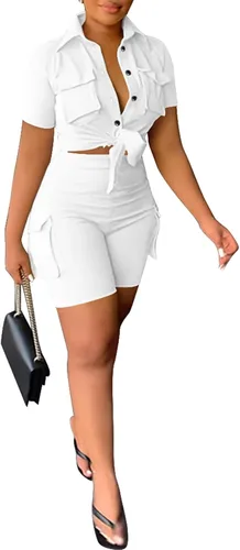 Miniatura 3 de Umenlele Conjunto de 2 piezas para mujer, cuello en V, manga corta, vendaje, ombliguera, conjunto de sudadera corta con bolsillo