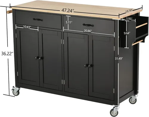 Miniatura 7 de P PURLOVE Carrito de madera para isla de cocina con ruedas de bloqueo, carrito utilitario rodante con 2 cajones y 4 puertas de gabinete, estante