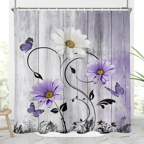 Miniatura 15 de AAtter Cortina de ducha floral azul rústica boho gris blanco amarillo margarita naturaleza negro botánico telón azul verdoso turquesa tela única