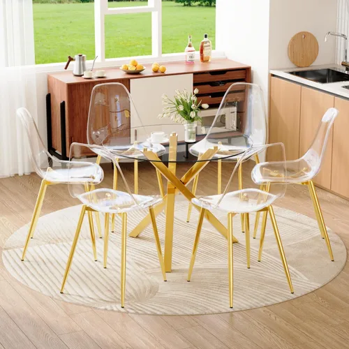 Miniatura 19 de Juego de mesa de comedor redonda para 6, juego de mesa de comedor de vidrio de 39 pulgadas con base de metal ajustable dorada en forma de X y 6