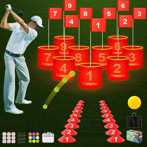 Juego de cubo de golf para patio trasero, cubo de 9 agujeros, juego de golf con luz LED y banderas de golf para adultos y niños, para interiores y