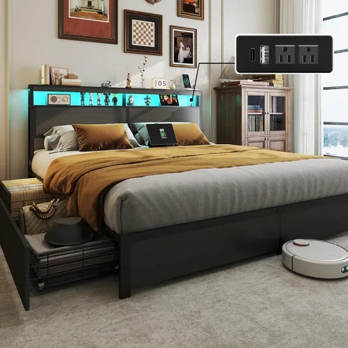 Miniatura 10 de Full Bed Frame with 2-Tier Storage Headboard and 4 Drawers, Metal Platform Bed Frame with LED & Charging Station, No Box Spring Needed/Noise