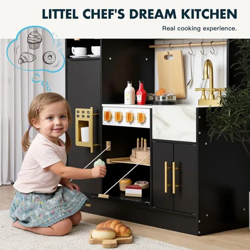 Miniatura 7 de Cocina de Juego para Niños, Juego de Cocina de Madera con Accesorios Realistas, Cocina de Lujo para Niños Pequeños, Campana Extractora