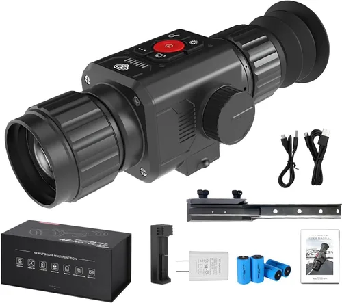 GOYOJO Mira telescópica térmica de visión nocturna para caza, detección de largo alcance de 1.378 in/12 um, enfoque ajustable, imágenes HD, batería
