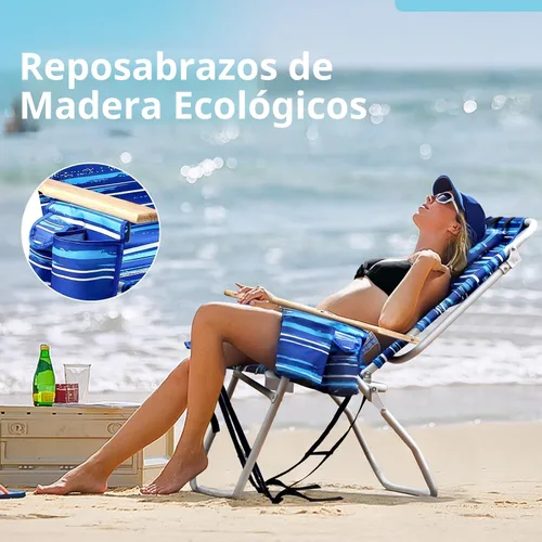 Miniatura 4 de Sillas de playa altas para adultos, Silla de playa tipo mochila de 17" de alto con apoyabrazos de madera, Silla reclinable de 5 posiciones de alta